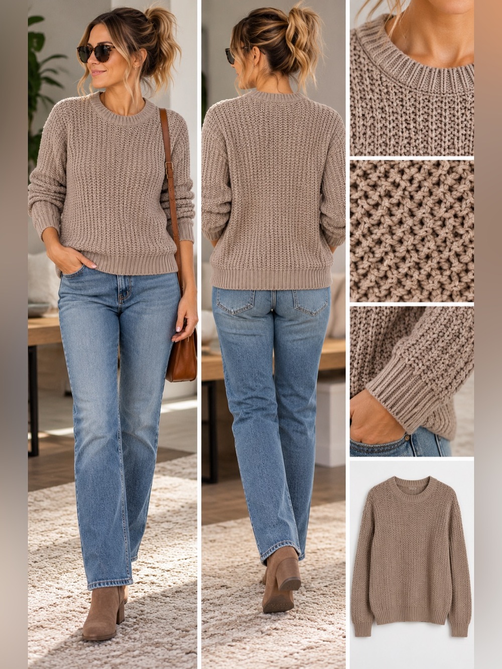 Oak + Fort 100% Cotton Chunky Knit Crewneck Sweater Taupe Size M